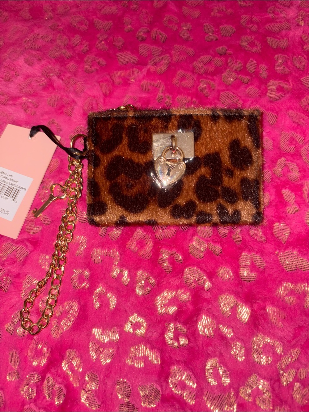Juicy Couture Leopard Print Fur Card Holder with Gold Heart Lock